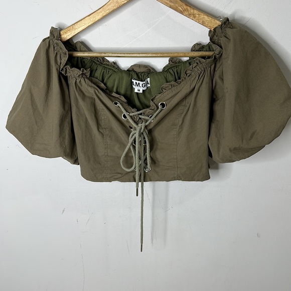 AM GIA Green Off Shoulder Puff Sleeve Lace Up Corset Cropped Crop Top M - Picture 3 of 10